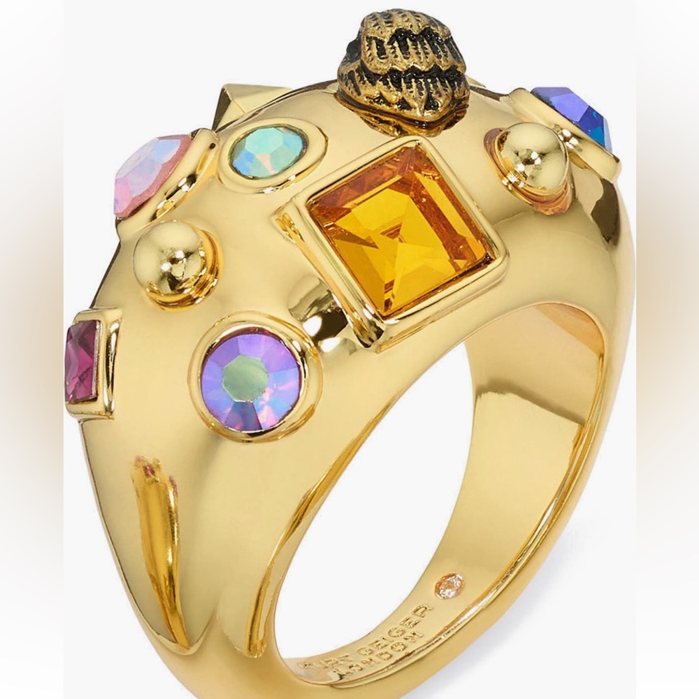 New in box Kurt Geiger London gold with colors cocktail Ring size 9 velvet box